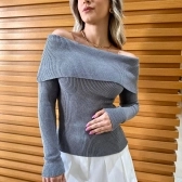 Blusa Tricot Modal Com Decote Ombro A Ombro - Cinza