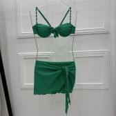 Conj 3pçs Top C/ Alças De Pérola Calcinha Fio Duplo + Pareo - Verde