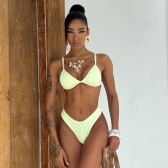 Biquíni Top Fixo Calcinha Asa Delta Fio Textura De Conchas - Amarelo Claro