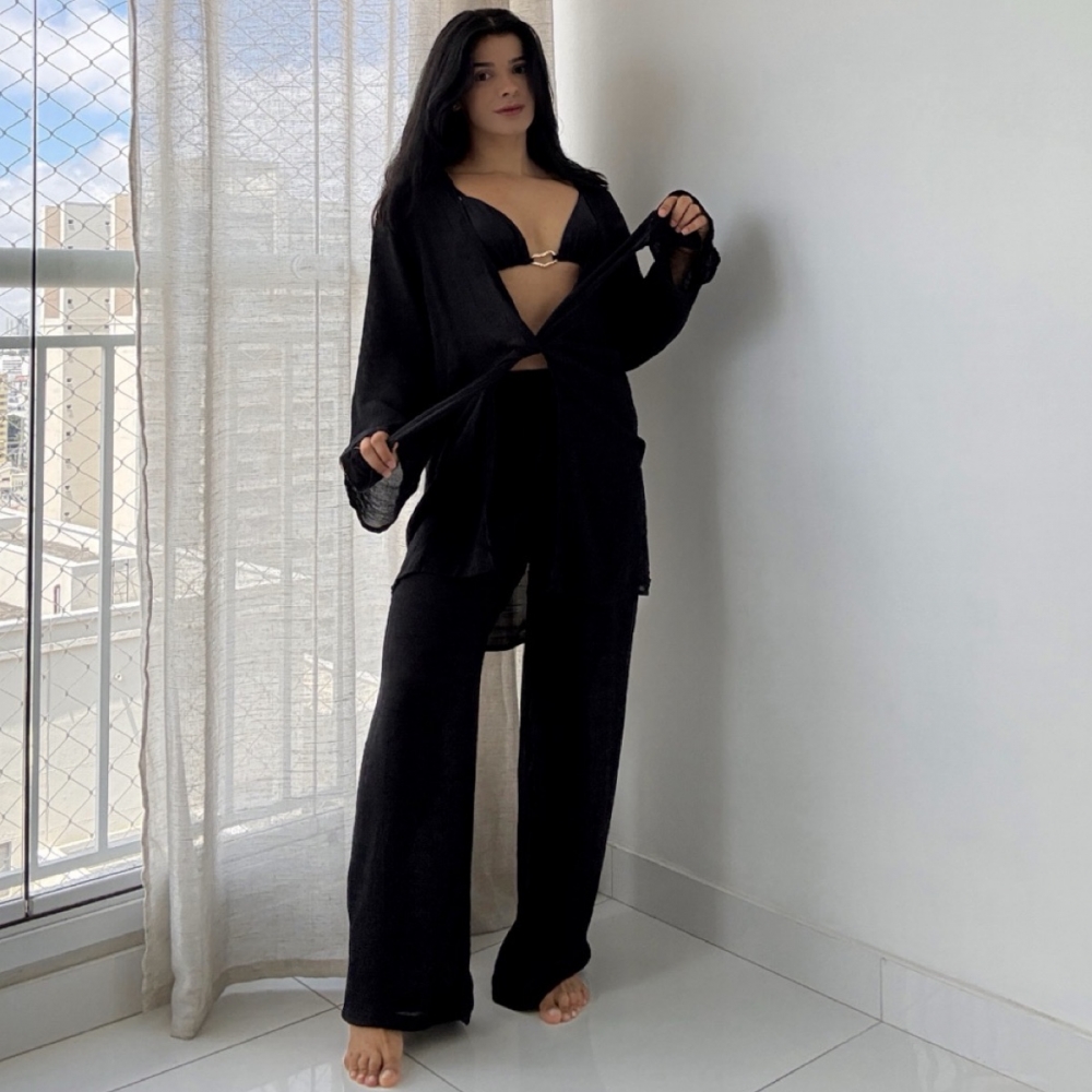 Blusa E Calça Em Tecido Leve  Saída De Praia Lisa - Preto