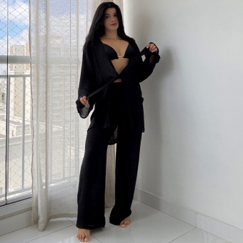 Blusa E Calça Em Tecido Leve  Saída De Praia Lisa