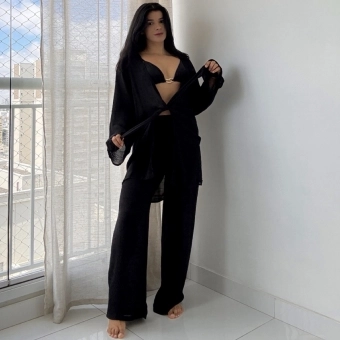 Blusa E Calça Em Tecido Leve  Saída De Praia Lisa