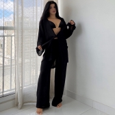 Blusa E Calça Em Tecido Leve  Saída De Praia Lisa - Preto