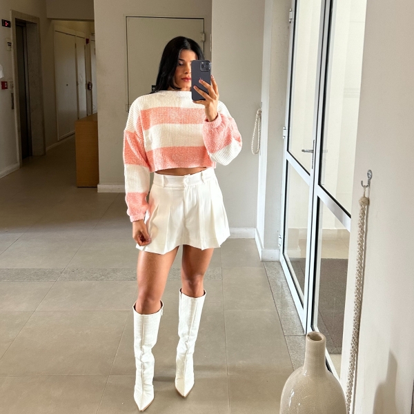 Cropped de Tricot Mousse Algodão Doce - Laranja e Branco