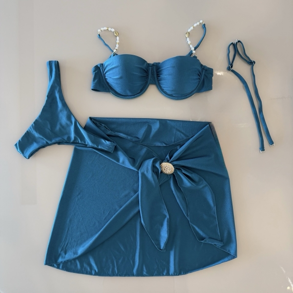 Kit 3 Pçs Biquíni Feminino + Pareô Alças Removíveis Pérolas - Azul