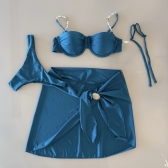 Kit 3 Pçs Biquíni Feminino + Pareô Alças Removíveis Pérolas - Azul