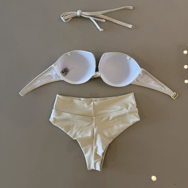 Kit 3 Itens Biquini Cintura Alta Top 2 Em 1 Bojo Estruturado - Off