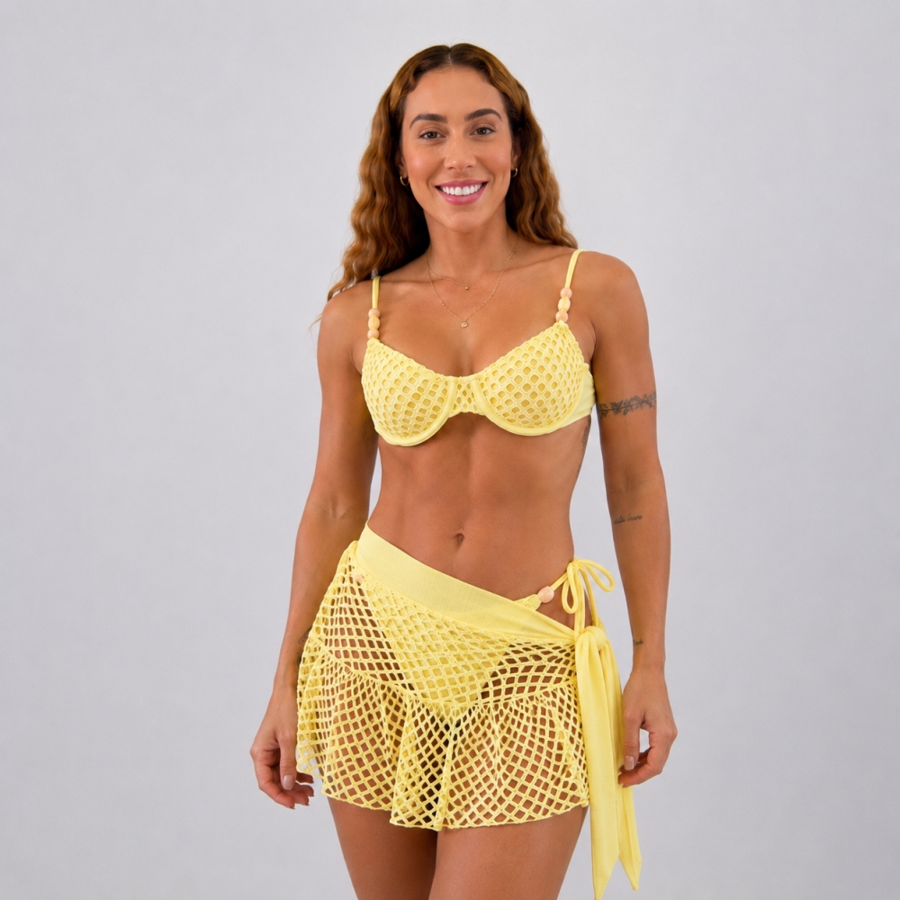 Kit Biquíni Meia Taça De Renda E Calcinha De Amarrar E Saia - Amarelo