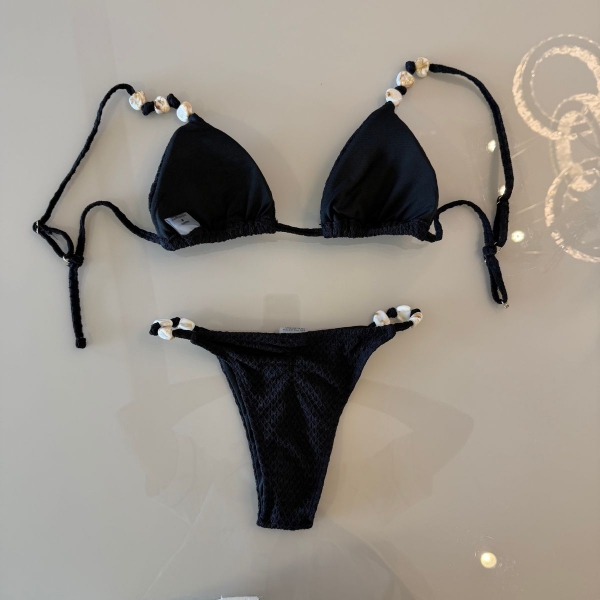 Kit Biquíni Calças + Top Cortininha E Calcinha Empina Bumbum - Preto
