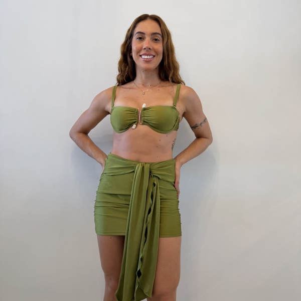 Kit Biquini Aplique Em Pedraria + Saia Com Amarração Frontal - Verde Oliva
