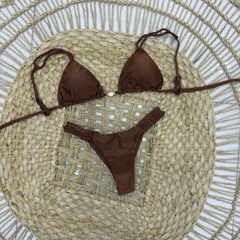 Biquíni Cortininha Com Tranças Nas Alças E Calcinha Semi Fio - Marrom