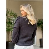 Blusa de Tricot Trança Em V Com Manga Bufantes - Preta