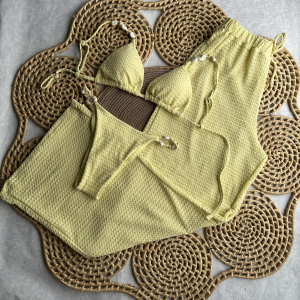 Kit Biquíni Calças + Top Cortininha E Calcinha Empina Bumbum - Amarelo Manteiga