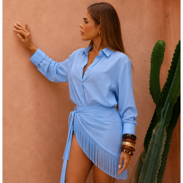 Conj Saída De Praia Chemise Manga Longa E Saia Franja Resort - Azul Bebê
