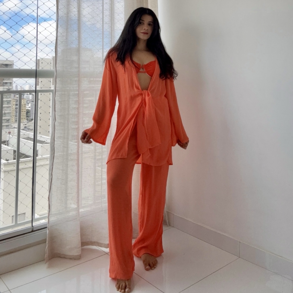 Blusa E Calça Em Tecido Leve  Saída De Praia Lisa - Laranja