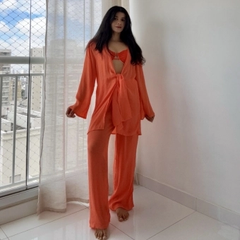 Blusa E Calça Em Tecido Leve  Saída De Praia Lisa