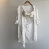 Conj Saída De Praia Chemise Manga Longa E Saia Franja Resort - Champanhe