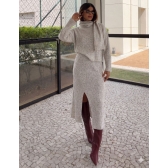Conjunto Tricot Blusa com Cachecol Fixo Saia Midi com Fenda - Mescla