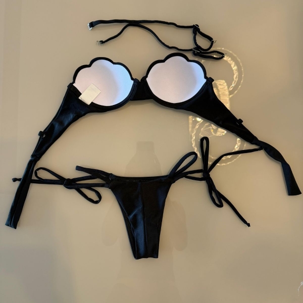 Biquíni Top Concha Calcinha Fio Duplo Com Amarrações - Preto