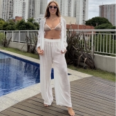 Saída de Praia Feminina Conjunto Camisa e Calça - Branco