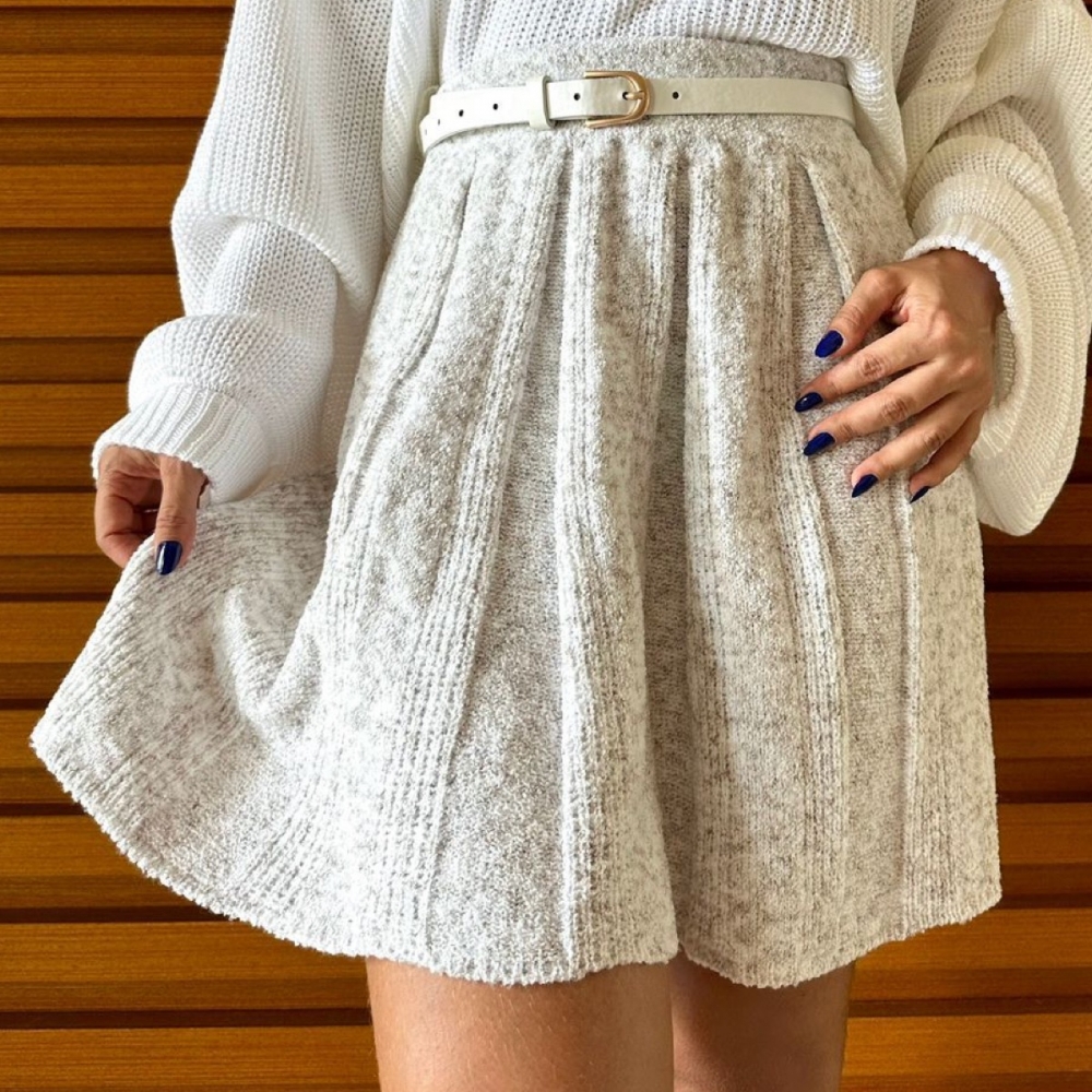Saia Plissada Tricot Mousse - Bege