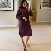Vestido De Tricot Graça Canelado Midi Com Fendas - Vinho