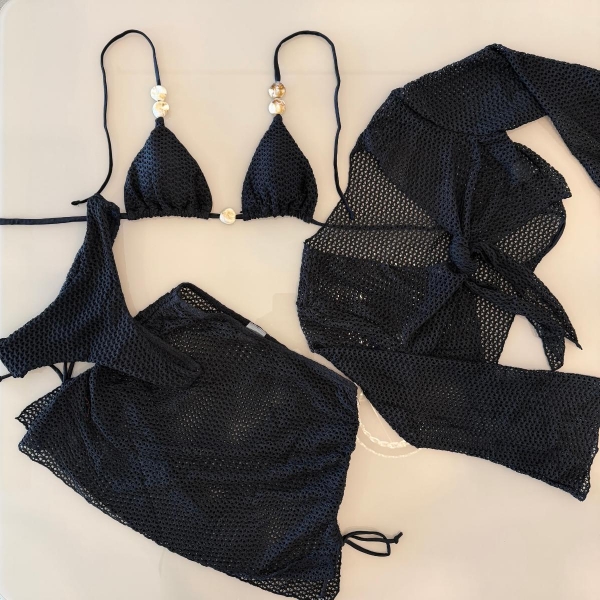 Kit 04 Peças Biquini De Renda Calcinha Asa Delta E Fio Duplo - Preto