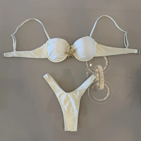 Kit 3 Pçs Biquíni Estrela Dourada E Calcinha Asa Delta e Saia - Off White