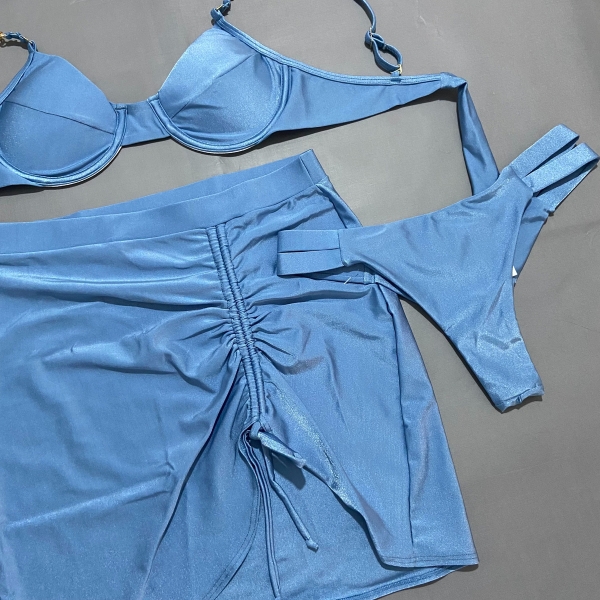 Kit 03 Itens Biquíni Corrente E Lisa Calcinha Com Tiras - Azul-aço