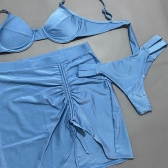 Kit 03 Itens Biquíni Corrente E Lisa Calcinha Com Tiras - Azul-aço