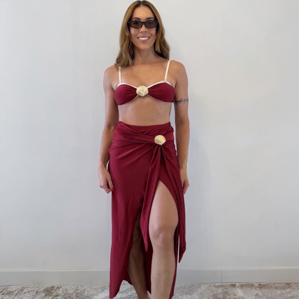 Kit 3 Itens Biquíni Bicolor Com Detalhe Concha Dourada Luxo - Vinho e Branco