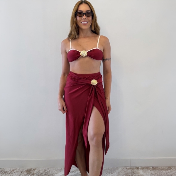 Kit 3 Itens Biquíni Bicolor Com Detalhe Concha Dourada Luxo - Vinho e Branco