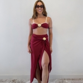 Kit 3 Itens Biquíni Bicolor Com Detalhe Concha Dourada Luxo - Vinho e Branco