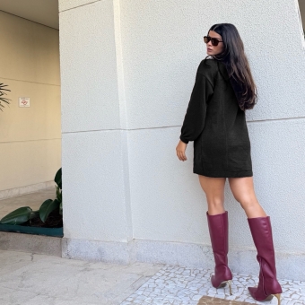 Vestido Curto Tricot Mousse com Trama Trancada e Manga Longa