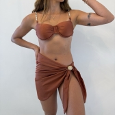 Kit 3 Pçs Biquíni Feminino + Pareô Alças Removíveis Pérolas - Marrom Café