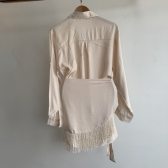 Conj Saída De Praia Chemise Manga Longa E Saia Franja Resort - Bege