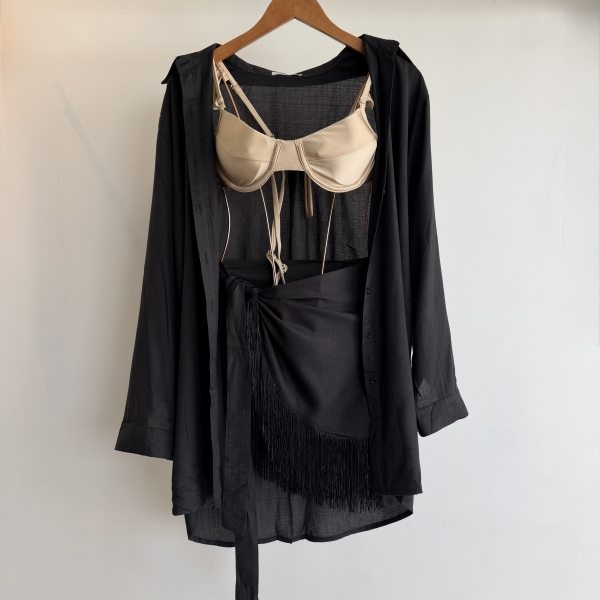 Conj Saída De Praia Chemise Manga Longa E Saia Franja Resort - Preto