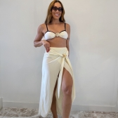 Kit 3 Itens Biquíni Bicolor Com Detalhe Concha Dourada Luxo - Off e Preto