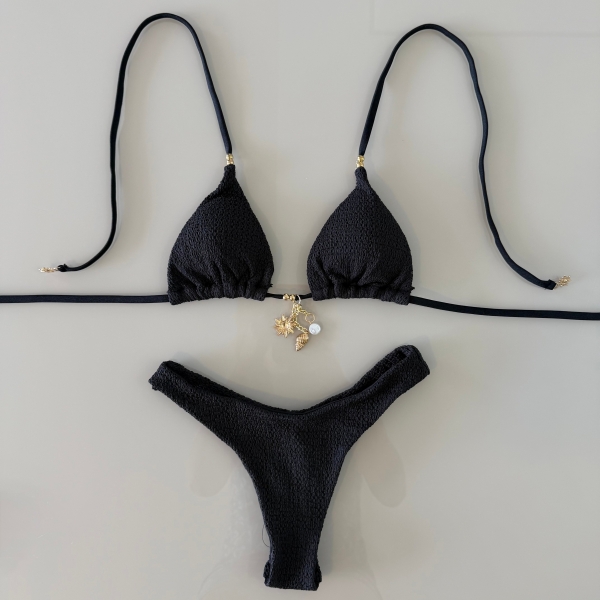 Biquíni Cortininha Pingentes No Top E Asa Delta Texturizado - Preto