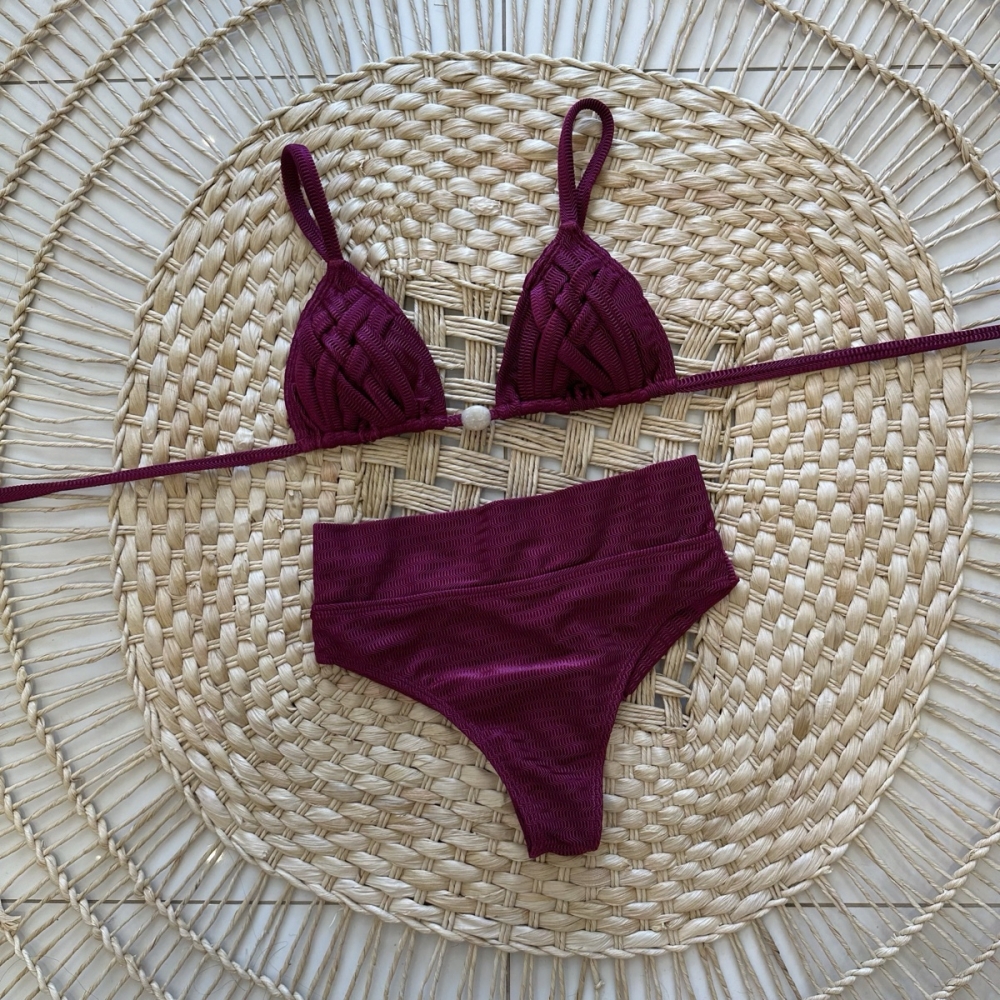 Novo Biquíni Macramê Texturizado Cintura Alta - Vinho