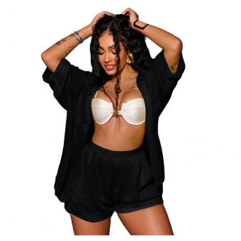 Cj Saída De Praia De Renda Blusa Manga 3/4 e Short