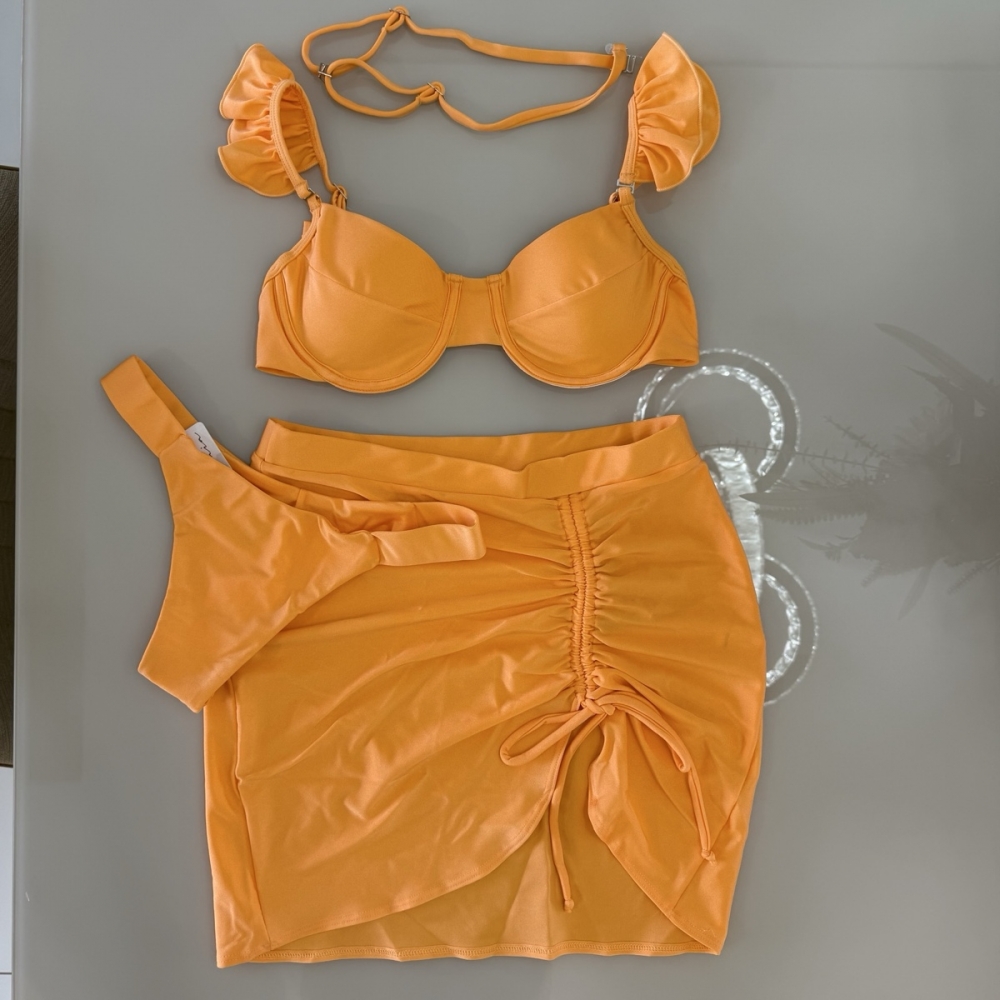 Kit 03 Peças Biquíni De Babado + (Saia Saída de Praia Tam Único) - Laranja