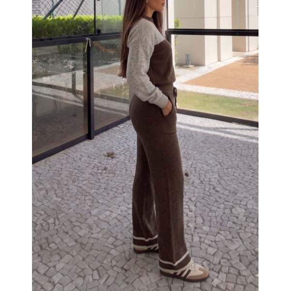 Conjunto Bicolor Tricot Inverno Blusa E Calça Pantalona - Café Com Mescla