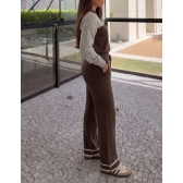 Conjunto Bicolor Tricot Inverno Blusa E Calça Pantalona - Café Com Mescla