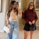 Blusa Cropped Mousse Feminina Elly Modas Manga Longa Inverno - vinho