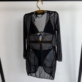 Kit 3 Itens Conj Biquíni Cortininha com Saída de Praia Tule - Preto