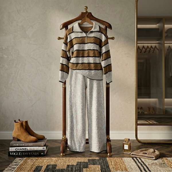 Conjunto Tricot Feminino Blusa Polo Listrada Zíper e Calça - Mescla