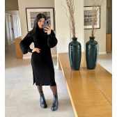 Vestido De Tricot Graça Canelado Midi Com Fendas - Preto