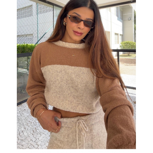 Conjunto Bicolor Tricot Inverno Blusa E Calça Pantalona - Bege/Caramelo