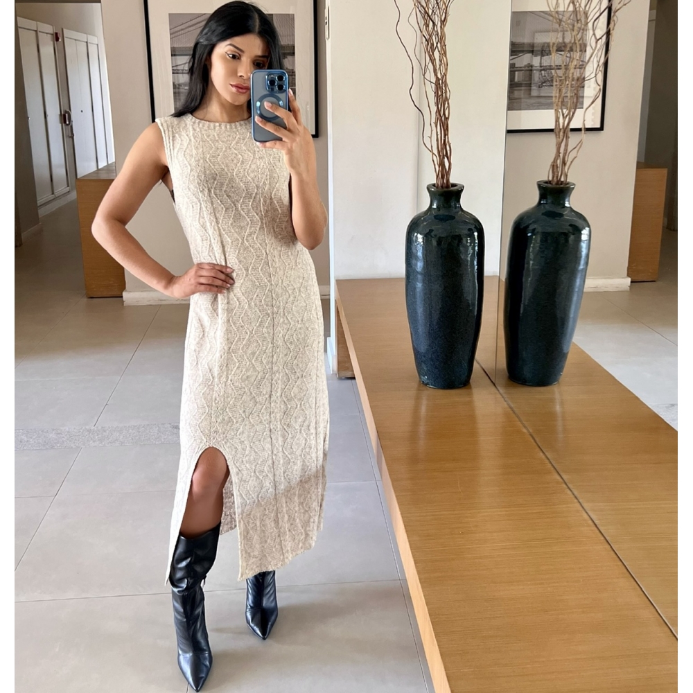 Vestido De Tricot Regata Midi - Areia
